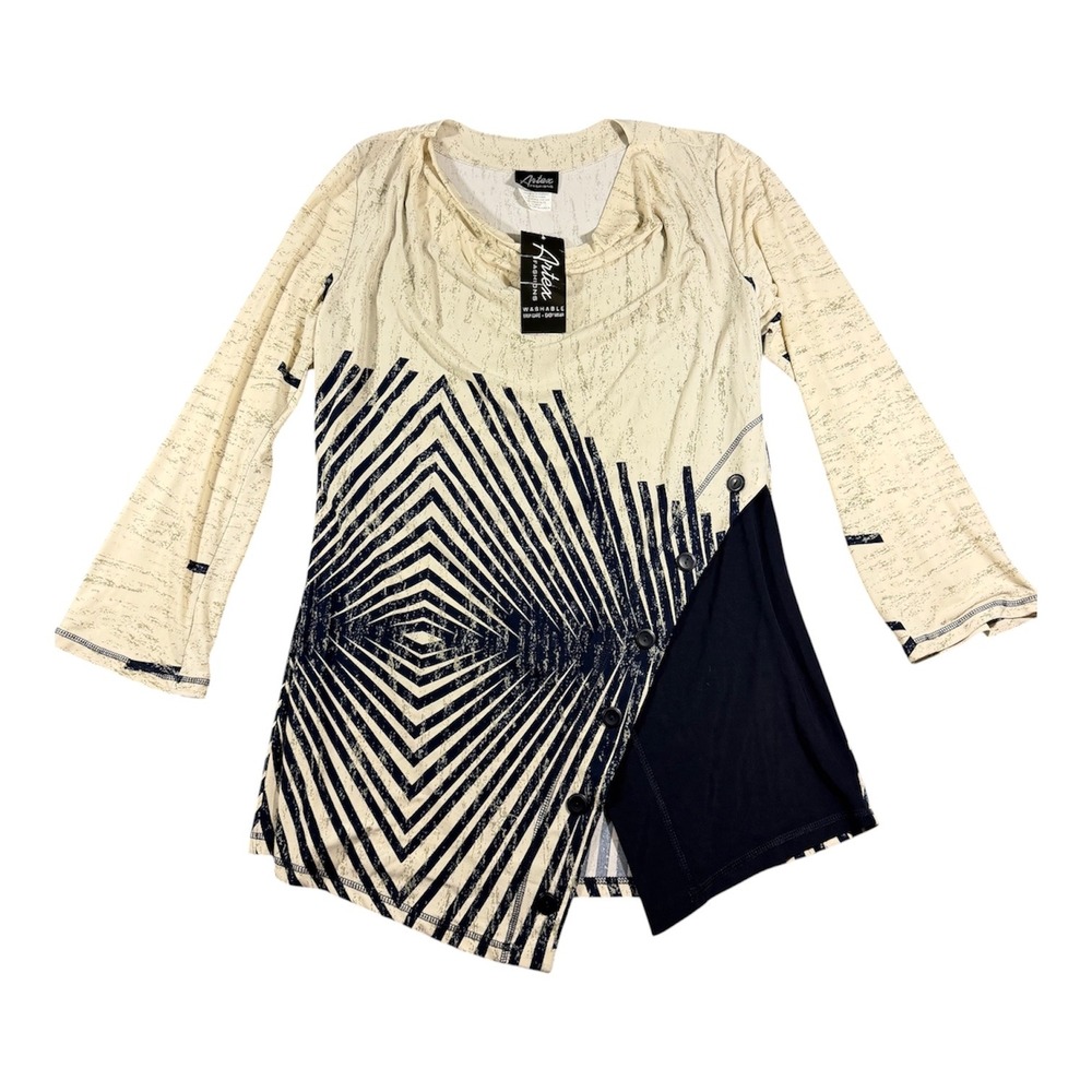 Artex Fashions Tunic Top Women XL Cream Navy Geometric Asymmetrical 156-7113